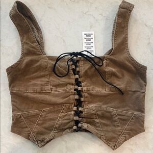 NWT Urban Outfitters Tan Lace-Up Corduroy Crop Tank Top Boho Festival